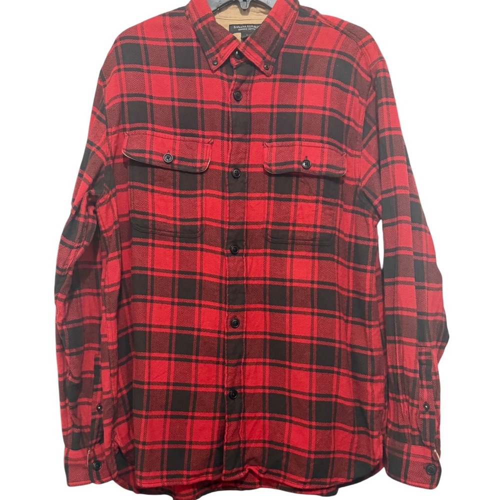 Banana Republic Mens Red Black Buffalo Plaid Organic Cotton Flannel Shirt Large
